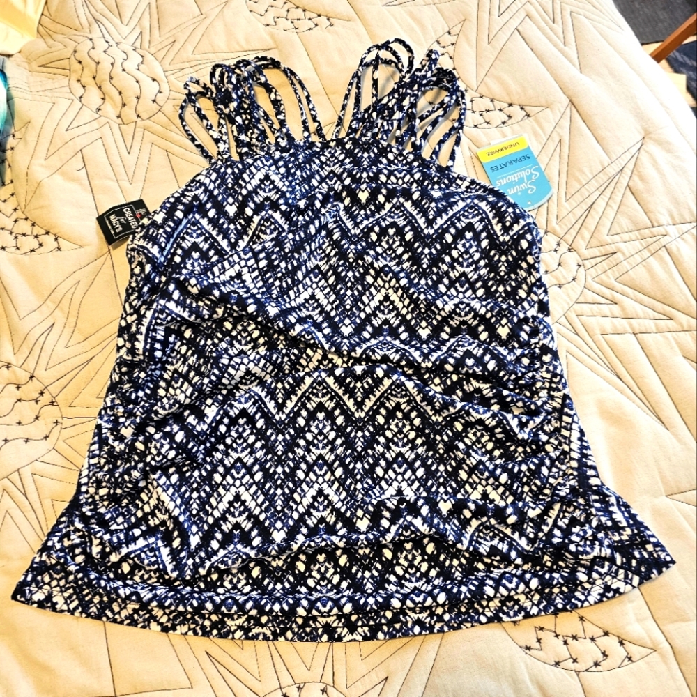 Strappy Navy * White Tankini Top by Swim Solutions (TOP ONLY)